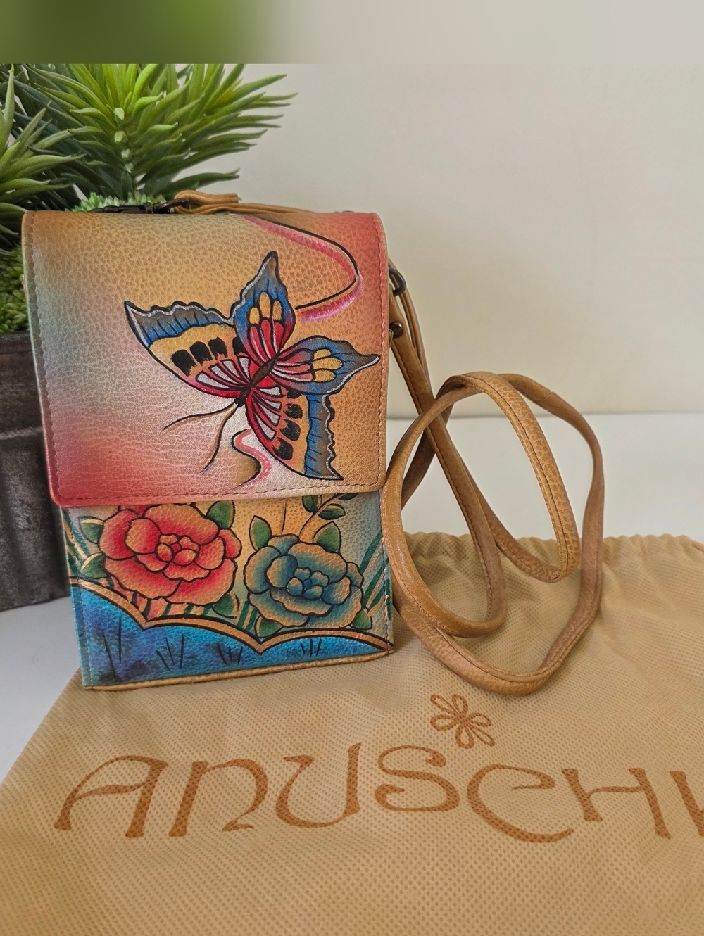 Anuschka Hand Painted Leather Crossbody Bag Butterfly Floral Mini Purse Clutch - Picture 3 of 16